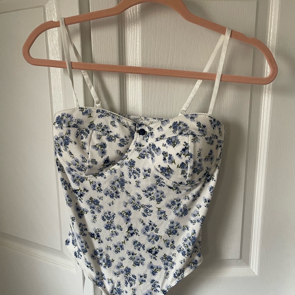 Forever 21 White and Blue Floral Bodysuit